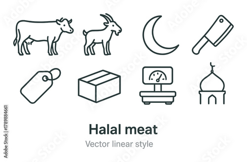 Halal meat symbols including cow, goat, and mosque icons