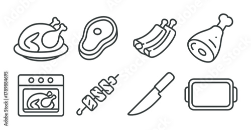 Grayscale meat and cooking icons set on dark background