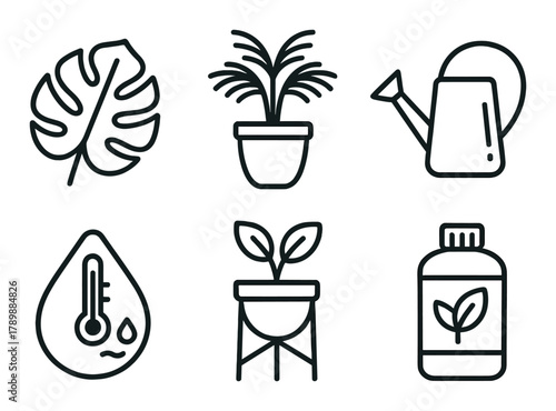 Minimalist plant icons: monstera, potted plant, watering can, thermometer, seedling, plant bottle