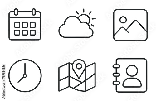Set of six black simple icons on metallic background