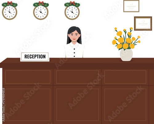 Modern hotel reception desk illustration with receptionist, elegant interior, flower vase, clocks on wall, professional hospitality and customer service concept