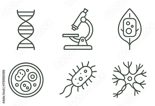 Scientific icons collection featuring dna, microscope, leaf, cells, bacteria, neuron