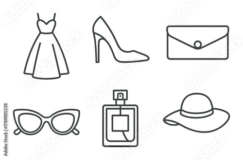 Fashion icons: dress, high heel, clutch, sunglasses, perfume, sun hat
