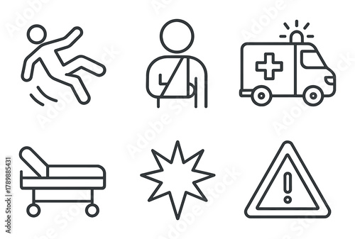 Emergency symbols: injury, ambulance, hospital bed, hazard warning icons