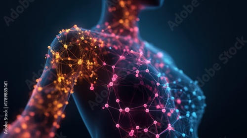 Neon Neural Network Connections On The Human Torso: Abstract Digital Grid Of Nodes And Lines Symbolizing Connectivity, Technology, And Bioinformatics