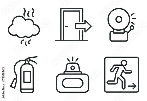 Emergency preparedness icons: fire extinguisher, exit signs, alarm, smoke, door