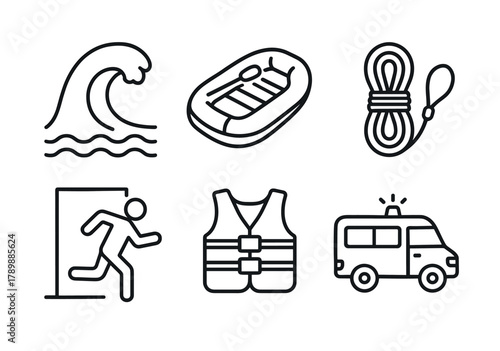 Outdoor adventure icons: rafting, climbing, safety gear, rescue vehicle
