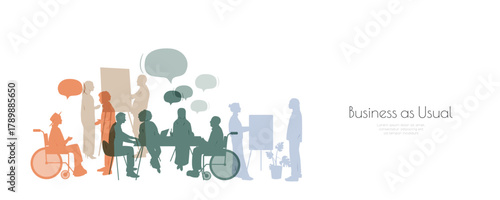 Business as usual banner. People working.