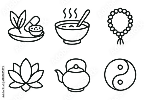 Herbal remedies, soup, prayer beads, lotus, teapot, yin yang on brown background