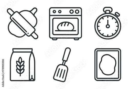 Baking icons set with oven, timer, ingredients, tools in dark theme