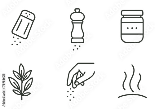 Set of spice and herb icons featuring salt shaker and pepper grinder
