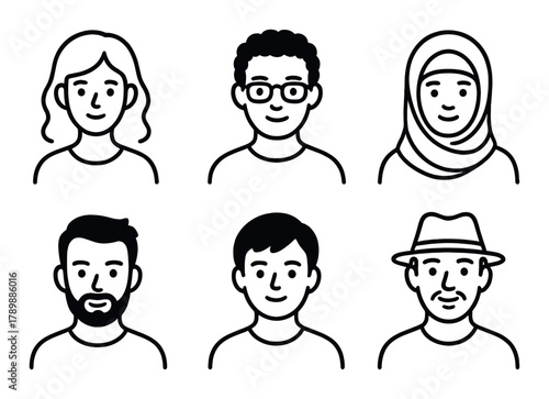 Minimalistic line art portraits of diverse men and women in various styles