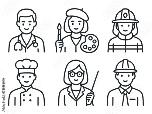 Illustrated diverse occupations: doctor, artist, firefighter, chef, teacher, engineer