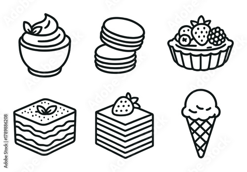 Dessert icon set: cake, tart, ice cream, macarons, and mousse