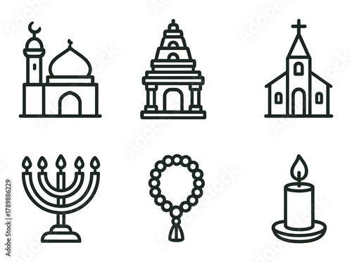 Symbols of major world religions: mosque, temple, church, menorah, prayer beads, candle