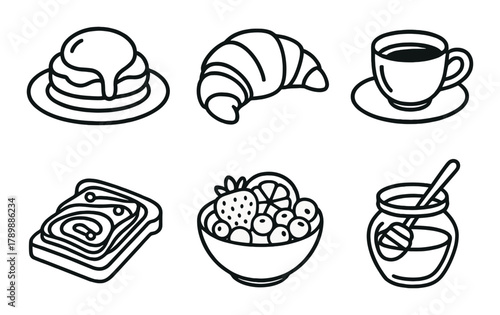 Monochrome breakfast icons: pancakes, croissant, coffee, toast, fruit bowl, honey
