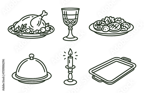 Thanksgiving feast symbols: turkey, goblet, salad, cloche, candle, baking dish