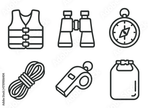 Essential outdoor equipment: vest, binoculars, compass, rope, whistle, water bag icons