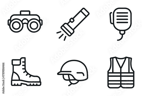Icon set of tactical gear: binoculars, flashlight, radio, boot, helmet, vest