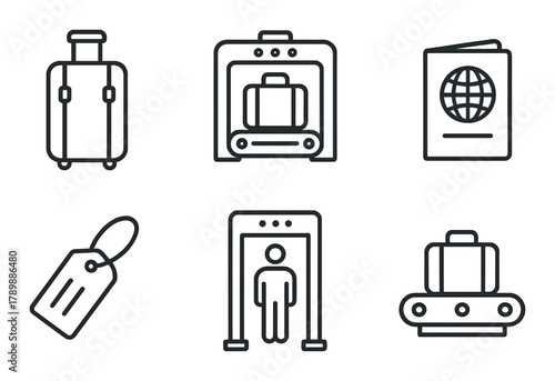 Travel essentials: luggage, passport, security check icons for airport journey