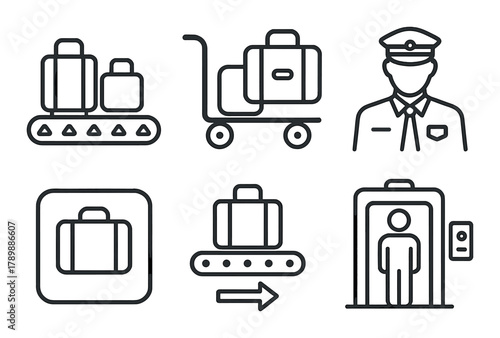 Airport luggage icons including conveyor belt, trolley, baggage, officer, elevator