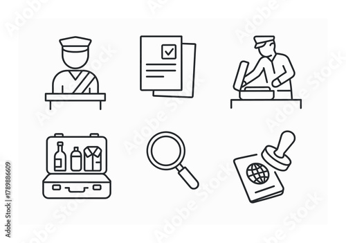 Customs icons: officer, inspection, documents, luggage, search, passport
