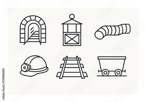 Mining icons: tunnel, helmet, tracks, cart, elevator, tube designs