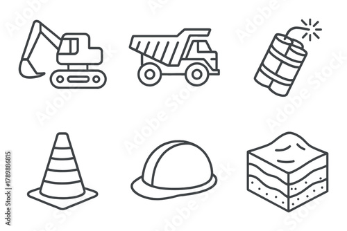 Construction equipment and safety icons on metallic background