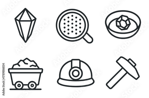 Mining tools icons set with pickaxe, helmet, and ore cart on dark background