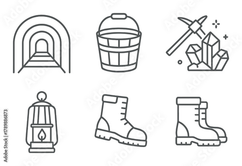 Monochrome mining icons - tunnel, bucket, pickaxe, lantern, boots, crystals on dark background