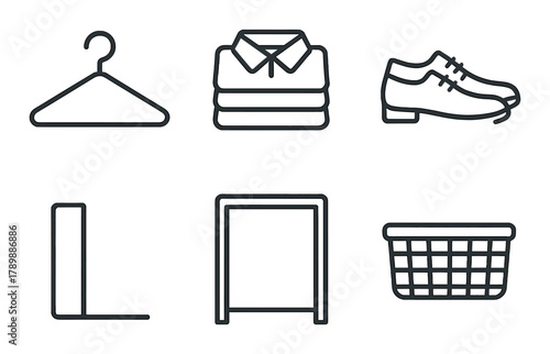 Minimalist laundry icons: hanger, folded clothes, shoes, ironing board, table, laundry basket