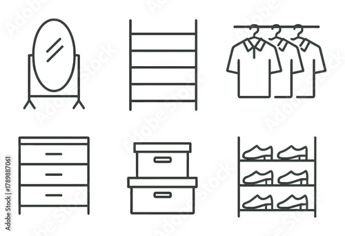Minimalist wardrobe elements featuring mirror, shelves, clothes, and shoe storage icons