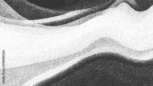 Black and white stippled abstract background with curved lines and granular texture vector