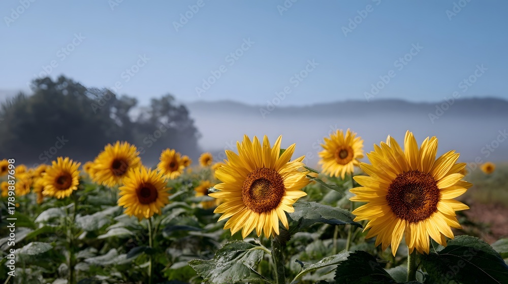 Fototapeta premium A serene field of sunflowers bathed in early morning fog and soft light