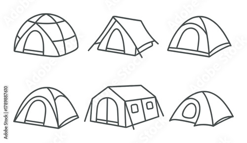 Collection of various tent designs with dome and a-frame structures