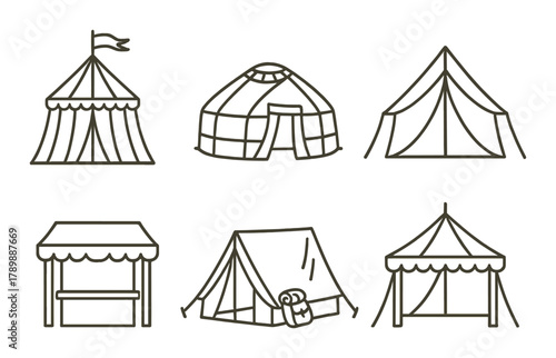 Variety of tents in minimalist style: yurt, a-frame, pyramid, and more