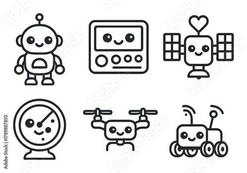 Cute robot icons with smiling faces and various shapes