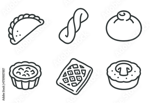 Assorted bakery icons on dark background: empanada, pretzel, bun, tart, waffle, mushroom pie