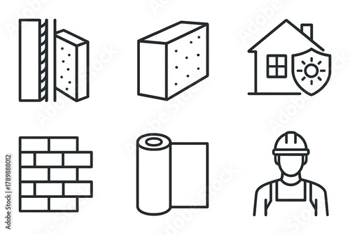 Home insulation and construction icons: brick, wall, roll, worker, protection, energy efficiency