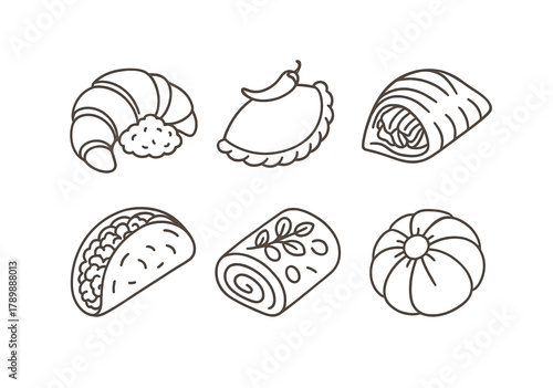 Outline drawings of six popular pastries and savory foods