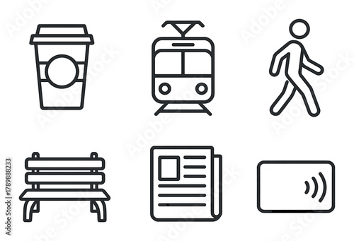 Urban lifestyle icons: coffee, tram, pedestrian, bench, newspaper, contactless card