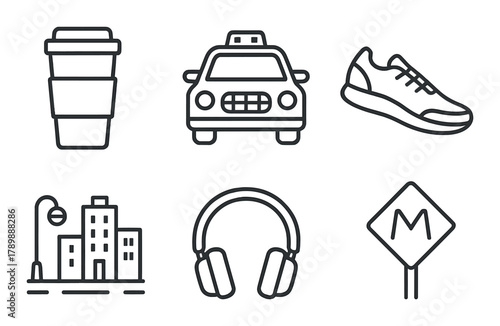 Urban lifestyle icons: coffee, taxi, sneaker, building, headphones, metro sign
