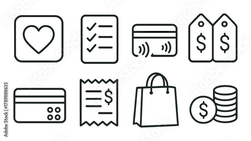 Set of shopping and payment icons: heart, checklist, credit cards, price tags, receipt, shopping bag, coins