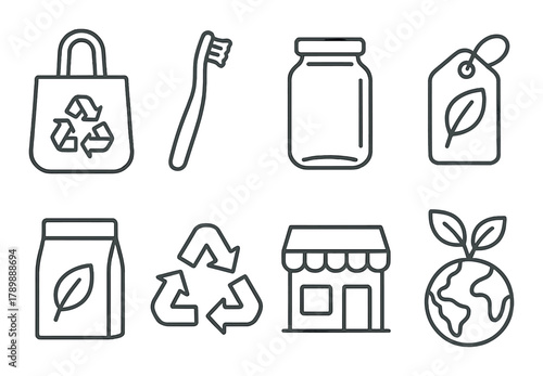 Eco-friendly icons featuring recycling and sustainability symbols