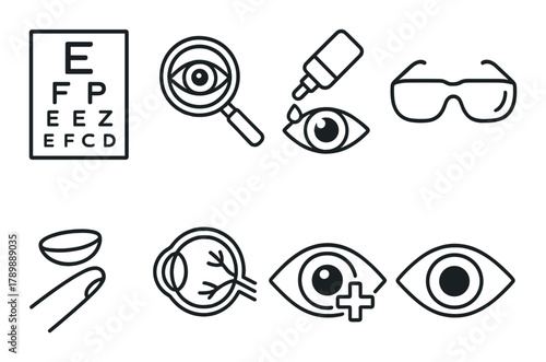 Eye care icons: eye chart, magnifying glass, eye drops, glasses, lens, retina, vision health