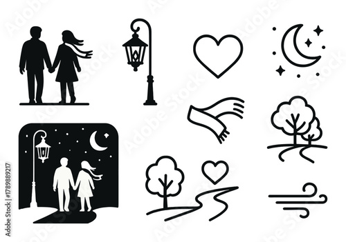 Romantic silhouette couple walking at night with love and nature icons