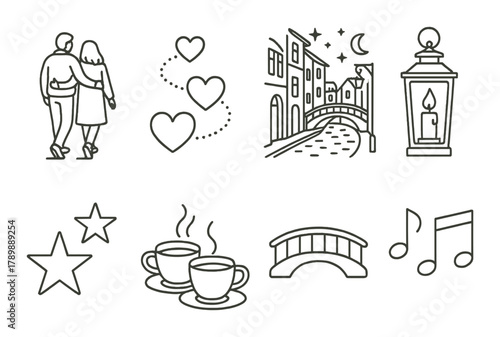 Romantic evening stroll with coffee and lanterns in a scenic town