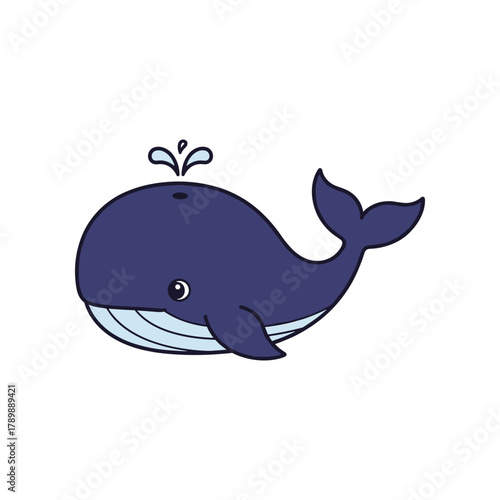 Cute Cartoon Blue Whale Spouting Water Isolated on White Background.