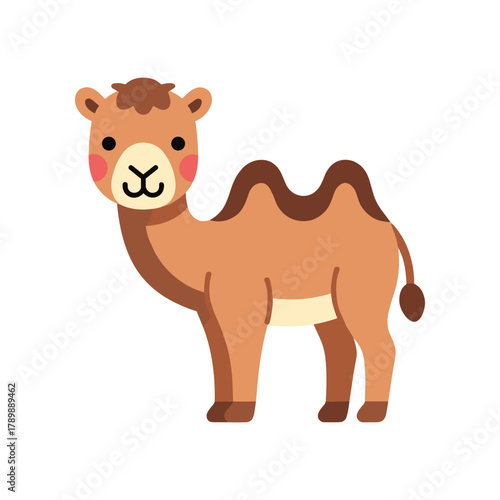 Cute cartoon camel with two humps standing on white background.