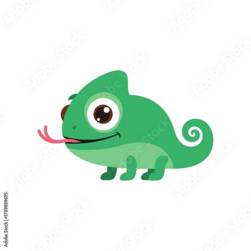 Cute Green Chameleon with Tongue Out Cartoon Illustration.
